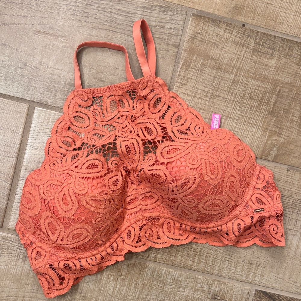 PINK Victoria's Secret Lace Bralette in Coral Size L Push-Up